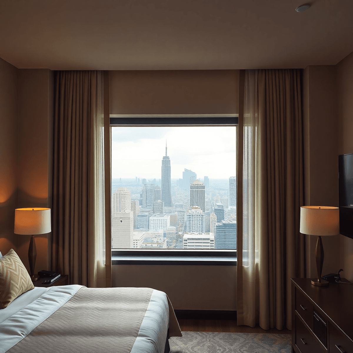 Chambre d'hôtel tranquille avec des rideaux insonorisés tirés, offrant une vue sur un paysage urbain animé, soulignant la sérénité au milieu du bruit de la ville.