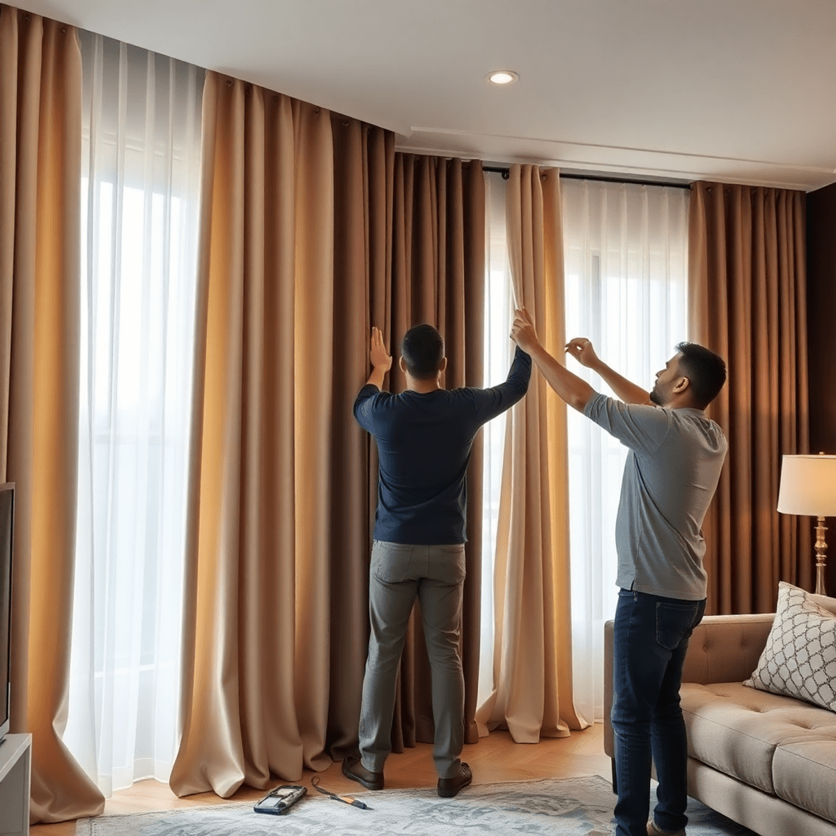Installateur professionnel posant des rideaux acoustiques et thermiques dans une pièce élégante, mettant en valeur leur design et fonctionnalité, avec lumière naturelle.