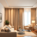 Intérieur cosy : un salon élégant avec des rideaux insonorisants, un éclairage doux et une ambiance sereine, soulignant le confort et l'efficacité ...