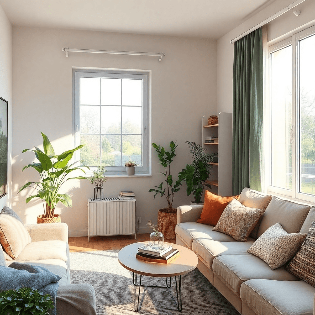Intérieur paisible avec rideaux anti-bruit, fenêtre lumineuse, espace de vie confortable, plantes d'intérieur et lumière douce pour une ambiance sereine.